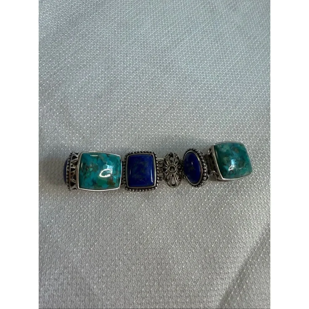 ATI Sterling Silver 925 Lapis Lazuli Turquoise Cabochon Panel Toggle Bracelet